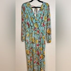 Chic Soul Floral Long Sleeve Dress - Blue and Yellow